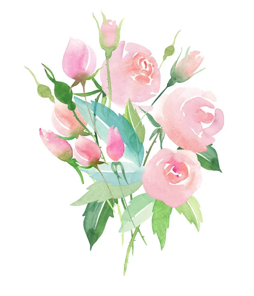 Güzel hassas ihale şirin zarif güzel çiçek renkli bahar yaz pembe ve kırmızı gül tomurcukları ve yaprakları buket suluboya el çizim ile