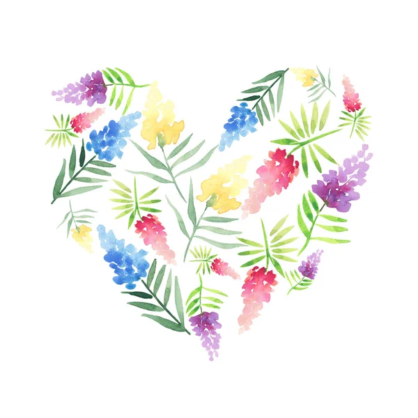 Delicado delicado bonito elegante floral colorido primavera verão vermelho, azul, roxo e amarelo flores silvestres com padrão de folhas verdes como uma ilustração mão aquarela coração — Fotografia de Stock