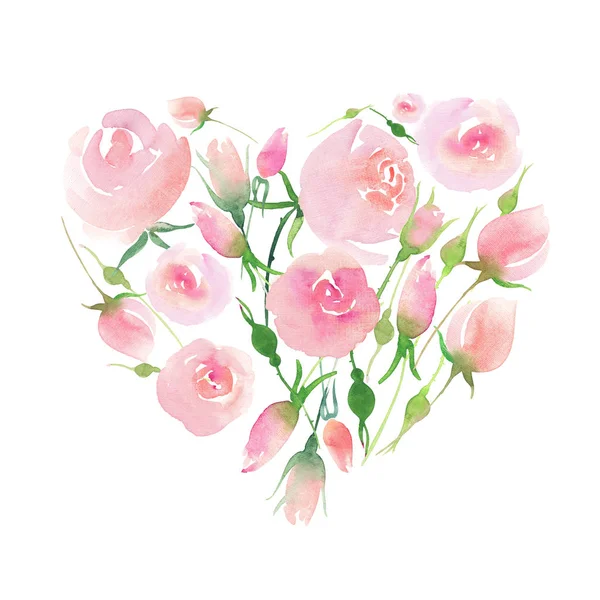 Beautiful delicate tender cute elegant lovely floral colorful spring summer pink and red roses with buds and leaves bouquet like a heart watercolor hand illustration — Stock Photo, Image