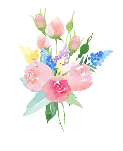 Vackra fina anbud söt eleganta härlig blommig färgglada våren sommaren rosa och röda rosor och gula blå lila blommor med knoppar och blad bukett akvarell hand illustration — Stockfoto