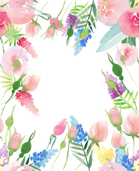 Beautiful delicate tender cute elegant lovely floral colorful spring summer pink and red roses with buds and yellow blue purple wildflowers and leaves bouquets pattern watercolor hand illustration — Stock Photo, Image