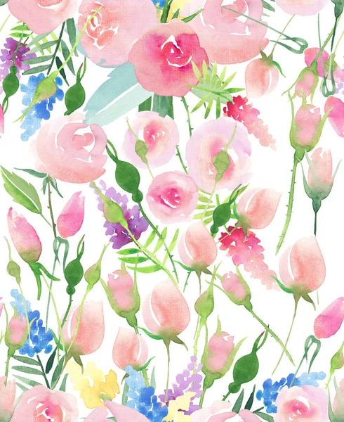 Tender delicate cute elegant lovely floral colorful spring summer red, blue, purple and yellow wildflowers and pink roses with green leaves pattern watercolor hand illustration — Stock Photo, Image