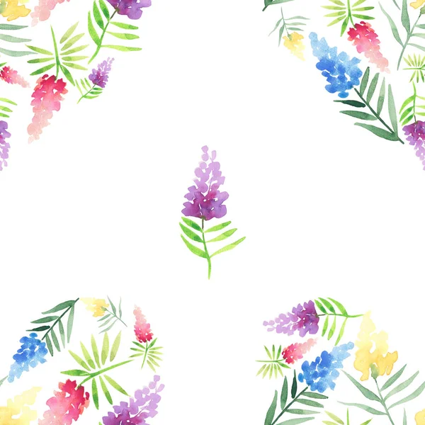 Tender delicate cute elegant lovely floral colorful spring summer red, blue, purple and yellow wildflowers with green leaves pattern watercolor hand illustration — Stock Photo, Image