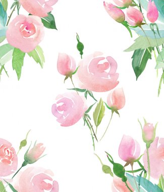 İhale hassas şirin zarif güzel renkli bahar yaz kır çiçekleri kırmızı, mavi, mor ve sarı ve yeşil pembe gül yaprakları desen suluboya el çizim çiçek