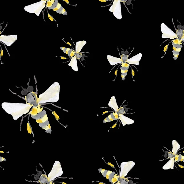 Belle graphique abstrait mignon mignon belle artistique vintage été coloré motif d'abeilles mellifères sur fond noir aquarelle illustration à la main — Photo