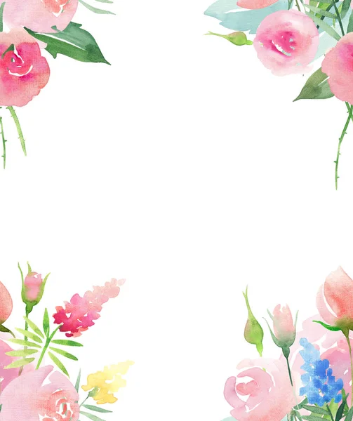 Όμορφη λεπτή διαγωνισμού χαριτωμένο κομψό floral πολύχρωμο ανοιξιάτικη καλοκαίρι ροζ και κόκκινα τριαντάφυλλα με μπουμπούκια και κίτρινο μπλε μοβ αγριολούλουδα και τα φύλλα ανθοδέσμες μοτίβο ακουαρέλα χέρι εικονογράφηση — Φωτογραφία Αρχείου