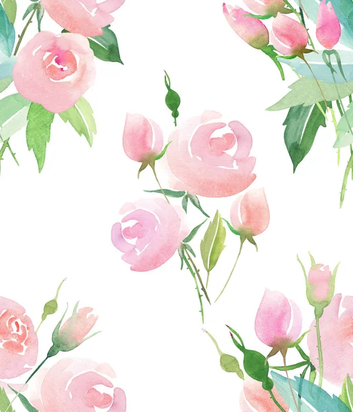 Tender delicate cute elegant lovely floral colorful spring summer red, blue, purple and yellow wildflowers and pink roses with green leaves pattern watercolor hand illustration — Stock Photo, Image