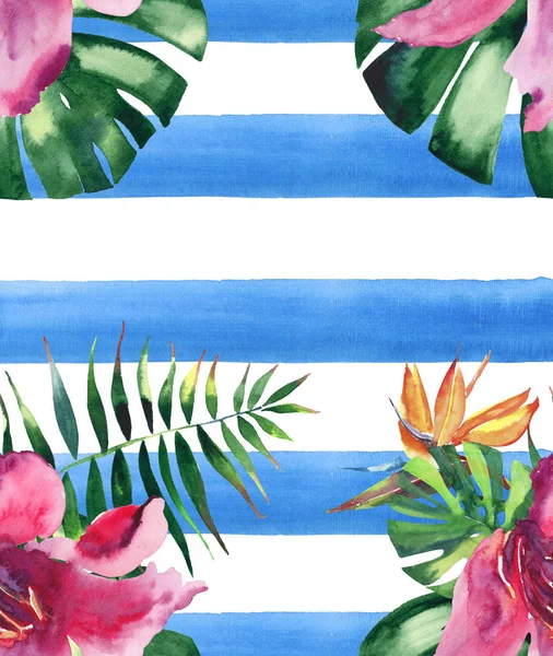 Vackra ljusa härliga färgglada tropiska hawaii blommig växtbaserade somrig bukett av tropiska blommor hibiscus orkidéer och palmer på blå linjer bakgrund lämnar akvarell hand skiss — Stockfoto