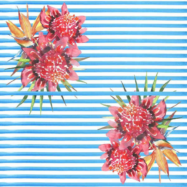 Mooie heldere mooie kleurrijke tropische hawaii floral kruiden zomer patroon van tropische bloemen hibiscus orchideeën en palmen verlaat op lichte blauwe horizontale lijnen achtergrond aquarel hand schets — Stockfoto