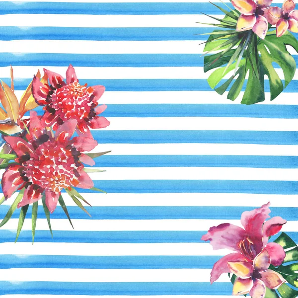 Όμορφο φωτεινό υπέροχο πολύχρωμο τροπικό μοτίβο floral φυτικά καλοκαίρι Χαβάη του τροπικού άνθη ιβίσκου ορχιδέες και παλάμες αφήνει στο φως μπλε οριζόντιες γραμμές φόντο ακουαρέλα χέρι σκίτσο — Φωτογραφία Αρχείου