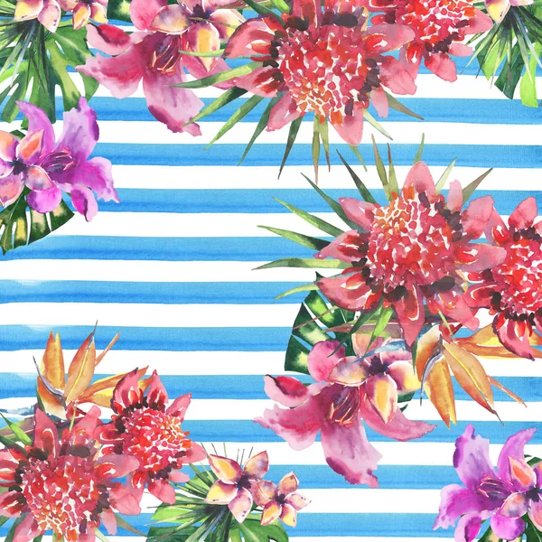 Mooie heldere mooie kleurrijke tropische hawaii floral kruiden zomer patroon van tropische bloemen hibiscus orchideeën en palmen verlaat op lichte blauwe horizontale lijnen achtergrond aquarel hand schets — Stockfoto