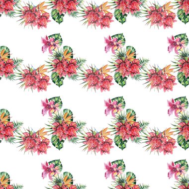 Güzel parlak güzel renkli tropikal hawaii çiçek bitkisel yaz desen tropikal hibiscus orkide çiçek ve yaprak suluboya el kroki palms