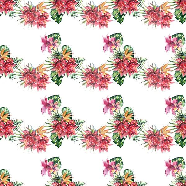 Όμορφο φωτεινό υπέροχο πολύχρωμο τροπικό Χαβάη φλοράλ καλοκαίρι φυτικό μοτίβο του τροπικού λουλούδια ιβίσκου ορχιδέες και παλάμες φύλλα ακουαρέλας χέρι σκίτσο — Φωτογραφία Αρχείου