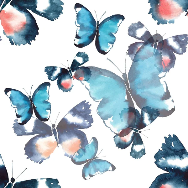 Hermoso lindo sofisticado magnífico maravilloso tierno suave primavera colorido mariposas patrón acuarela mano ilustración — Foto de Stock