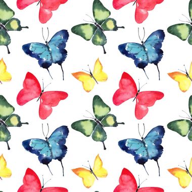 Güzel şirin sofistike muhteşem harika ihale nazik bahar mavi yeşil kırmızı sarı desen suluboya el illüstrasyon kelebek