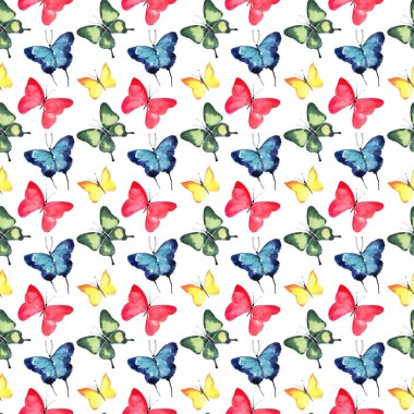 Güzel şirin sofistike muhteşem harika ihale nazik bahar mavi yeşil kırmızı sarı desen suluboya el illüstrasyon kelebek