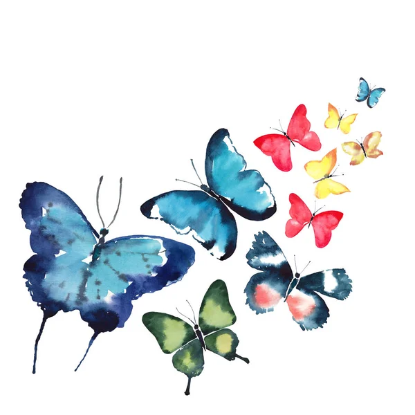 Красивая милая сложная великолепная прекрасная нежная нежная нежная весна красочные бабочки композиция акварель руку иллюстрации — стоковое фото