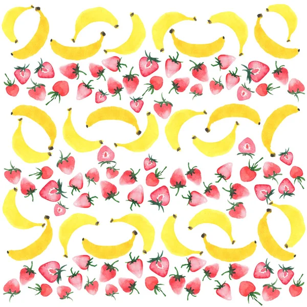 Brilhante delicioso doce bonito adorável saboroso verão morangos gostosos e banana horizontal padrão aquarela mão ilustração — Fotografia de Stock