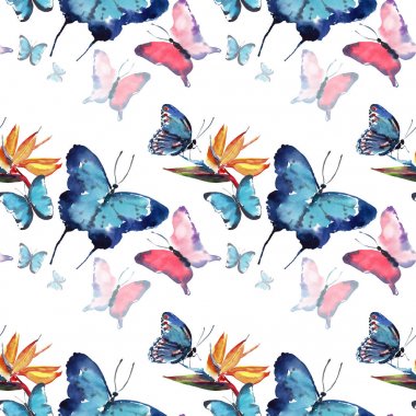 Parlak güzel sofistike harika ihale nazik bahar tropikal renkli kelebekler ile tropikal sarı çiçek deseni suluboya el kroki