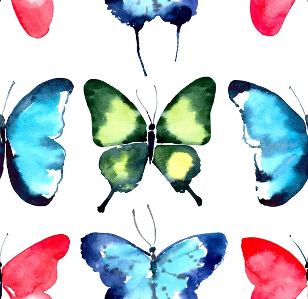 Красивая яркая сложная великолепная прекрасная нежная нежная весна тропический зеленый красный синий фиолетовый бабочки рисунок руки акварели иллюстрация — стоковое фото