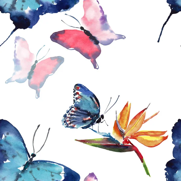 Ljusa vackra sofistikerade Fantastiskt mört milda våren tropiska färgglada fjärilar med tropiska gula blommor mönster akvarell hand skiss — Stockfoto