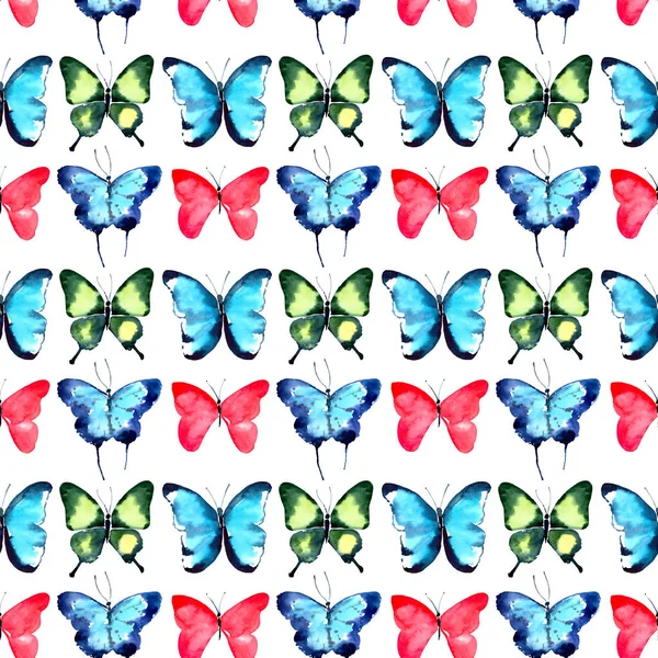 Belle lumineux sophistiqué magnifique merveilleux doux printemps tropical vert rouge bleu violet papillons motif aquarelle illustration à la main — Photo