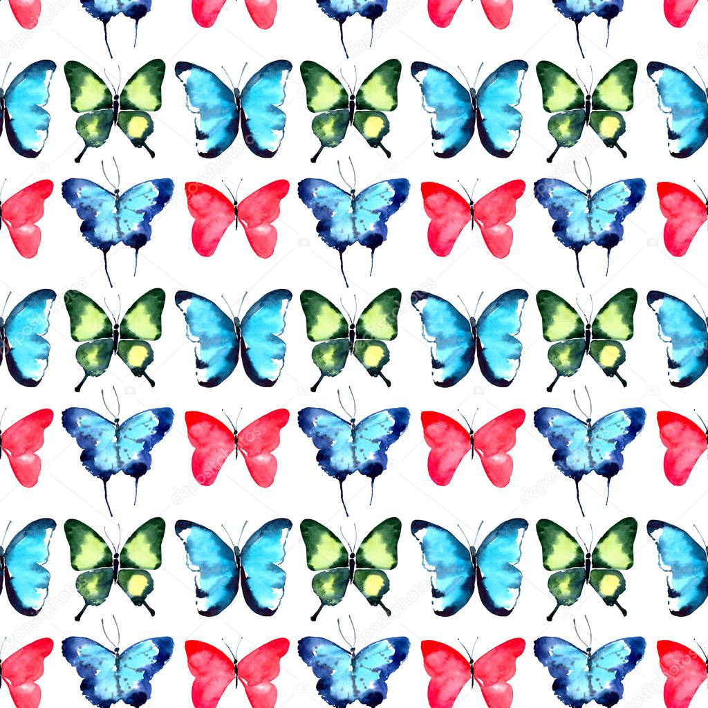 Beautiful bright sophisticated magnificent wonderful tender gentle spring tropical green red blue purple butterflies pattern watercolor hand illustration