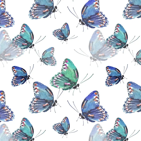 Beautiful cute sophisticated magnificent wonderful tender gentle spring colorful butterflies pattern watercolor hand illustration — Stock Photo, Image