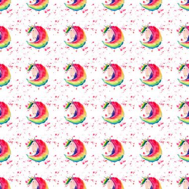 Tek boynuzlu atlar üzerinde kırmızı sprey arka plan suluboya el illüstrasyon parlak güzel şirin peri büyülü renkli desen. Tebrik ve doğum günü kartı, düğün, davet, tekstil tasarımı için mükemmel