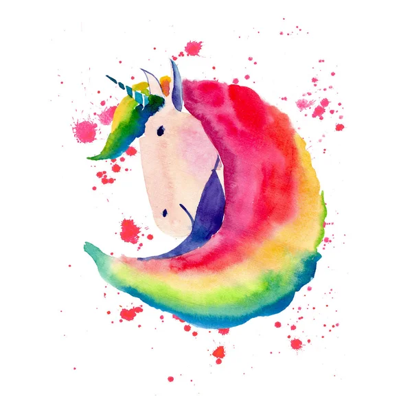 Brillante adorable lindo hada mágico colorido retrato de unicornio en rosa y rojo sobre el fondo de aerosol acuarela ilustración. Perfecto para felicitación y tarjeta de cumpleaños, boda, invitación, diseño textil —  Fotos de Stock