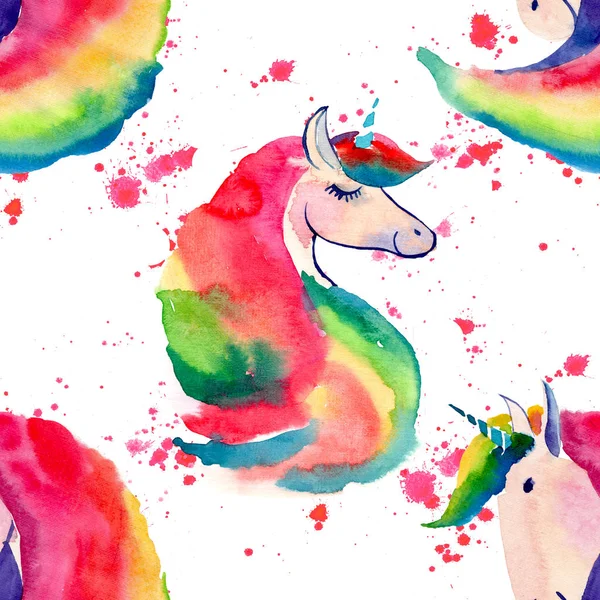 Bonito patrón colorido mágico hada linda brillante de unicornios en rojo aerosol fondo acuarela mano ilustración. Perfecto para felicitación y tarjeta de cumpleaños, boda, invitación, diseño textil — Foto de Stock