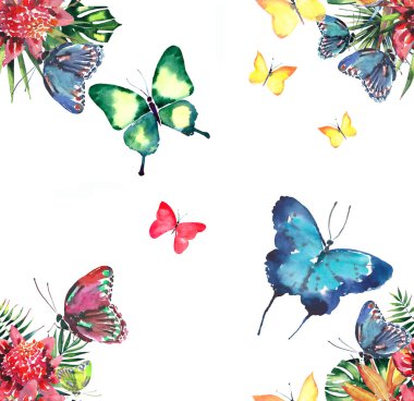 Güzel parlak güzel renkli tropikal hawaii çiçek bitkisel yaz desen tropik çiçekler ve kırmızı pembe yeşil sarı mavi mor tropikal kelebekler suluboya el kroki