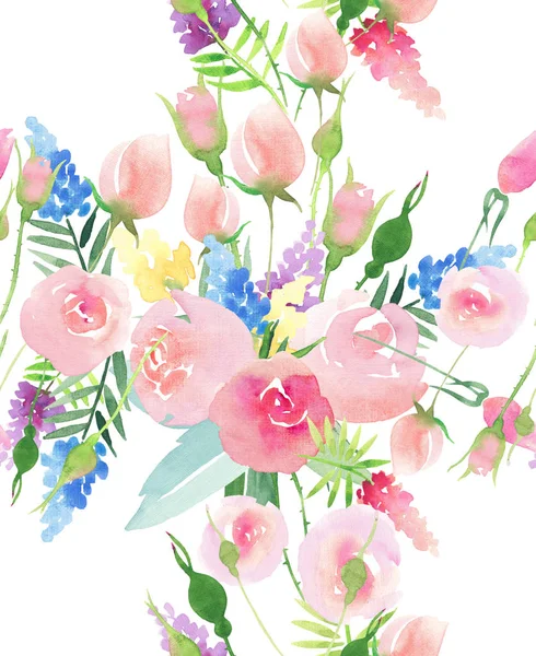 Tendre délicat mignon élégant belle floral coloré printemps été rouge, bleu, violet et jaune fleurs sauvages et roses roses avec motif feuilles vertes aquarelle illustration à la main — Photo