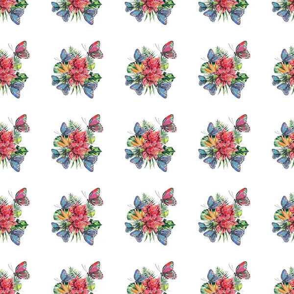 Belle belle coloré tropical hawaii floral motif d'été à base de plantes de fleurs tropicales et rose rouge vert jaune bleu violet papillons tropicaux aquarelle croquis à la main — Photo