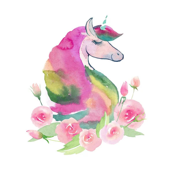 Bright lovely cute fairy magical colorful pattern of unicorns with spring pastel cute beautiful flowers watercolor hand sketch — Stock Photo, Image