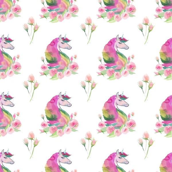 Bright lovely cute fairy magical colorful pattern of unicorns with spring pastel cute beautiful flowers watercolor hand sketch — Stock Photo, Image