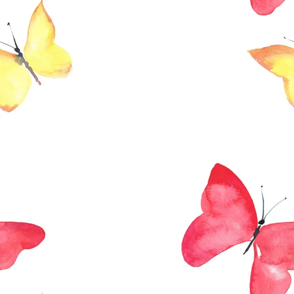 Krásný roztomilý sofistikované nádherné nádherné nabídka jemný jarní červené a žluté motýli rám akvarelu ruka ilustrace — Stock fotografie