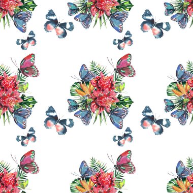 Güzel parlak güzel renkli tropikal hawaii çiçek bitkisel yaz desen tropik çiçekler ve kırmızı pembe yeşil sarı mavi mor tropikal kelebekler suluboya el kroki