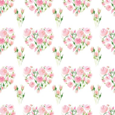 Bir kalp suluboya el illüstrasyon yeşil yaprak desenli ihale hassas şirin zarif güzel çiçek renkli bahar yaz kırmızı ve pembe gül gibi