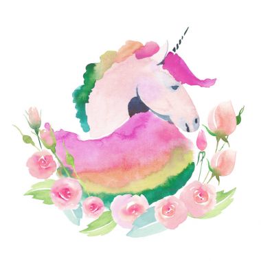 Parlak güzel şirin peri büyülü renkli desen unicorn bahar pastel şirin güzel çiçekler suluboya ile el kroki