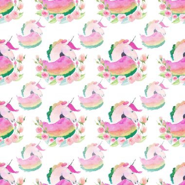 Tek boynuzlu at bahar pastel şirin güzel çiçekler suluboya ile parlak güzel şirin peri büyülü renkli desen el kroki