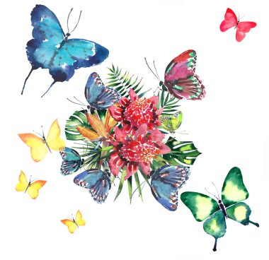 Güzel parlak güzel renkli tropikal hawaii çiçek bitkisel yaz kompozisyon tropik çiçekler ve kırmızı pembe yeşil sarı mavi mor tropikal kelebekler suluboya el kroki