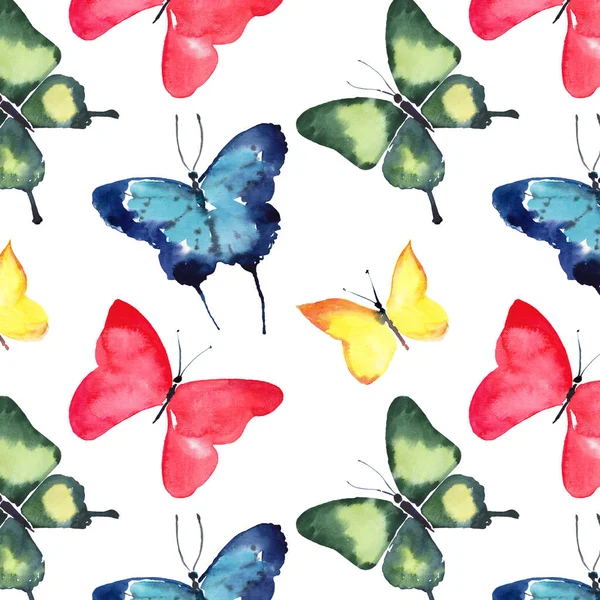 美しいかわいい洗練された壮大な素晴らしい柔らかい穏やかな春カラフルな蝶パターン水彩手図 — ストック写真