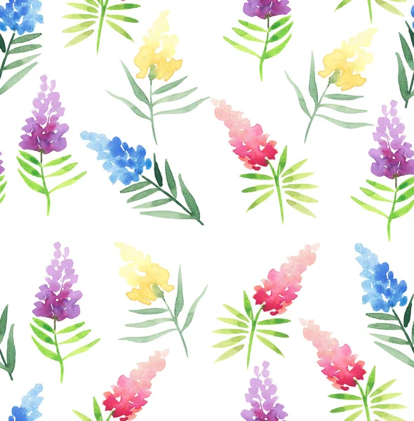 Délicate délicate mignonne élégante belle floral coloré printemps été rouge, bleu, violet et jaune fleurs sauvages avec motif feuilles vertes aquarelle illustration à la main — Photo