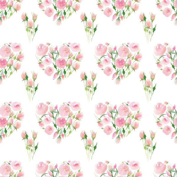 Anbud delikat söt eleganta härlig blommig färgglada våren sommaren röda och rosa rosor med gröna blad mönster som en hjärtat akvarell hand illustration — Stockfoto