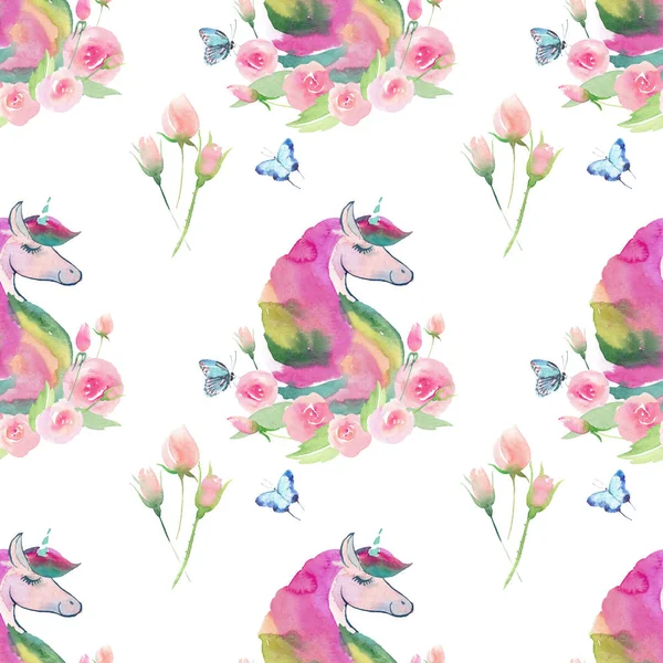 Bright lovely cute fairy magical colorful pattern of unicorns with spring pastel cute beautiful flowers and tropical butterflies watercolor hand sketch — Stock Photo, Image