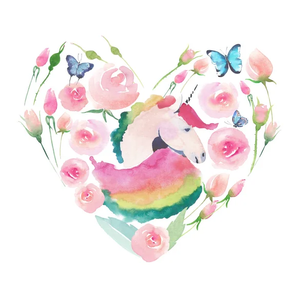 Bright lovely cute fairy magical colorful heart of unicorn with spring pastel cute beautiful flowers watercolor hand sketch — Stock Photo, Image