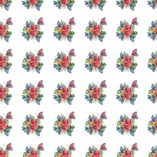 아름 다운 밝은 사랑 스러운 화려한 열 대 하와이 꽃 허브 여름 패턴의 열 대 꽃과 빨간 분홍색 녹색 노란색 파란색 보라색 열 대 나비 수채화 손 스케치 — 스톡 사진