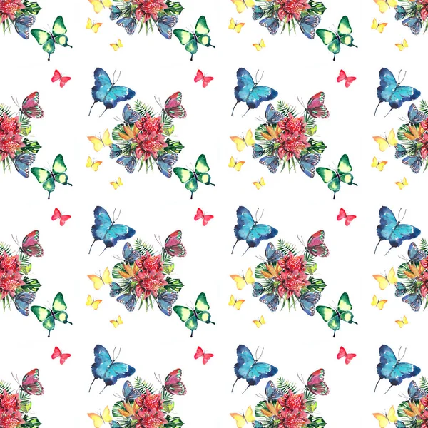 Beautiful bright lovely colorful tropical hawaii floral herbal summer pattern of tropical flowers and red pink green yellow blue purple tropical butterflies watercolor hand sketch — Stock Photo, Image