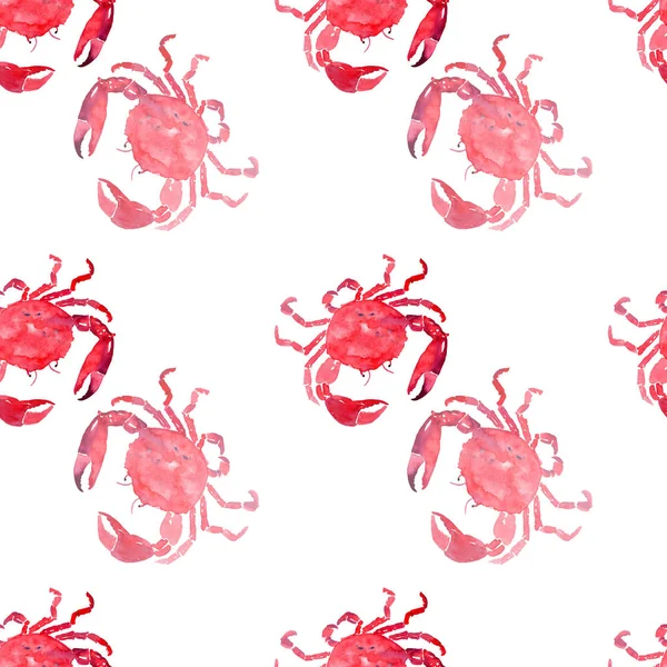 Colorful bright beautiful lovely summer sea tasty delicious pattern of red crabs watercolor hand illustration. Perfect for restaurant menu, greetings card and textile — Stock Photo, Image